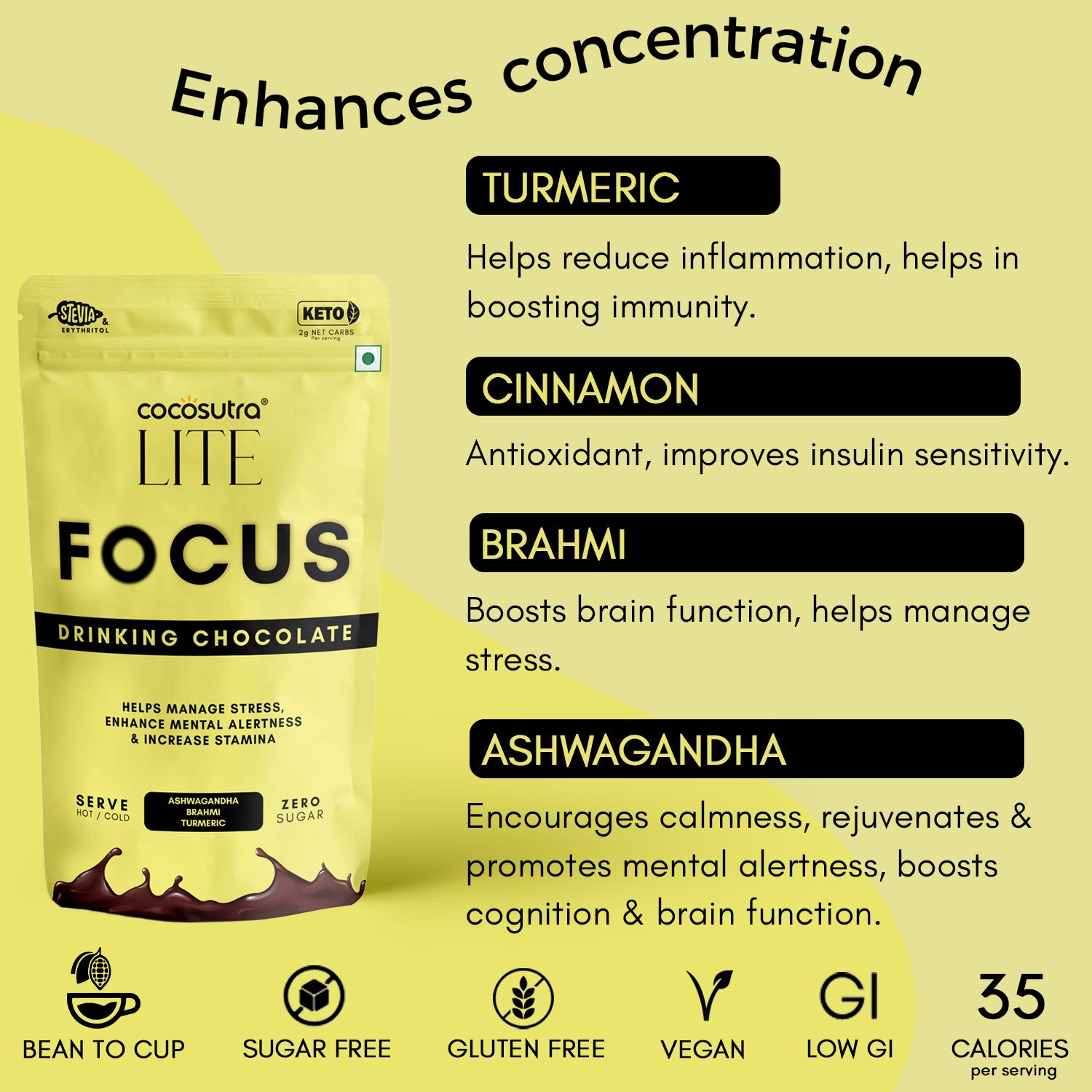 FOCUS - Sugar Free Drinking Chocolate Mix | 200 g | Enhances Mental Alertness