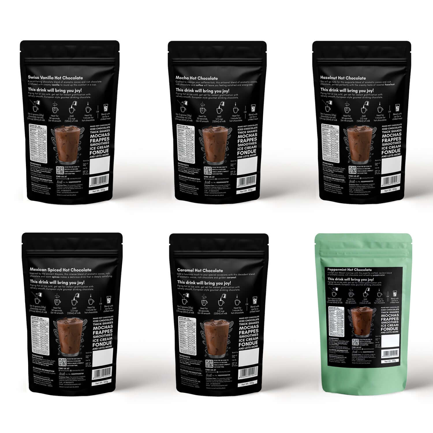 Hot Chocolate Mix Collection | 6 Flavors in 1 Pack | 100 g each