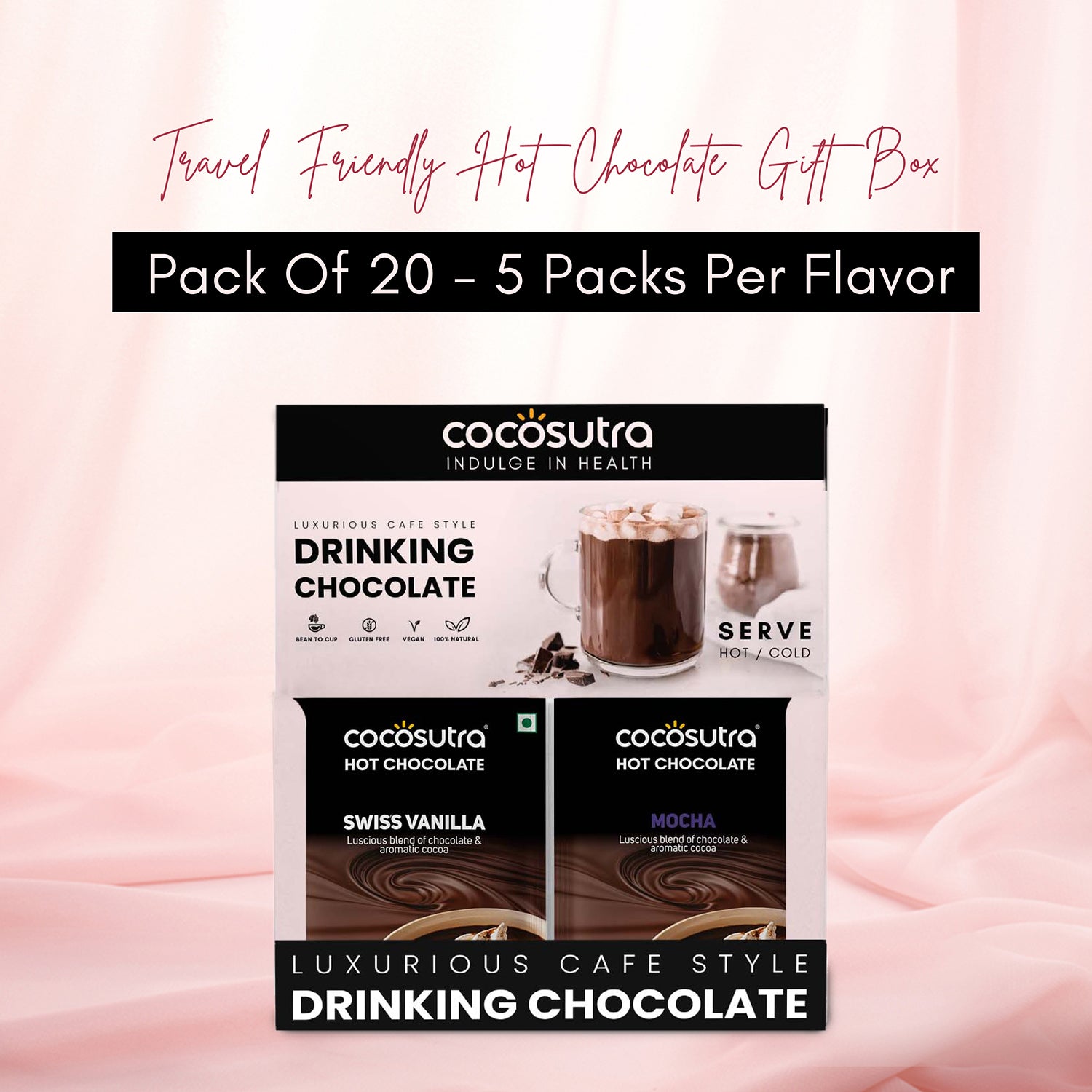 Hot Chocolate Travel Friendly Hamper | 4 Drinking Chocolate Flavors | 20 Sachets