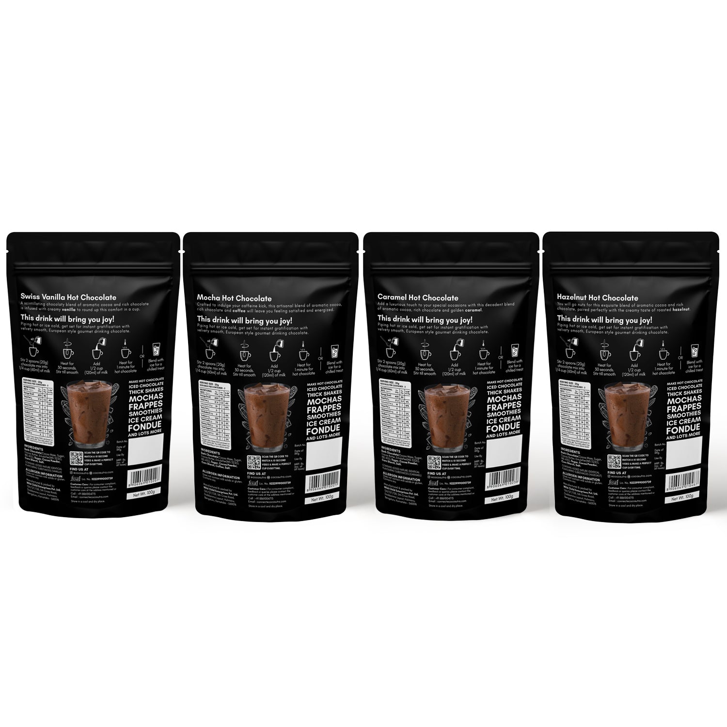 Hot Chocolate Mix Collection | 4 in 1 Pack | Swiss Vanilla, Mocha, Caramel & Hazelnut (100 g each)