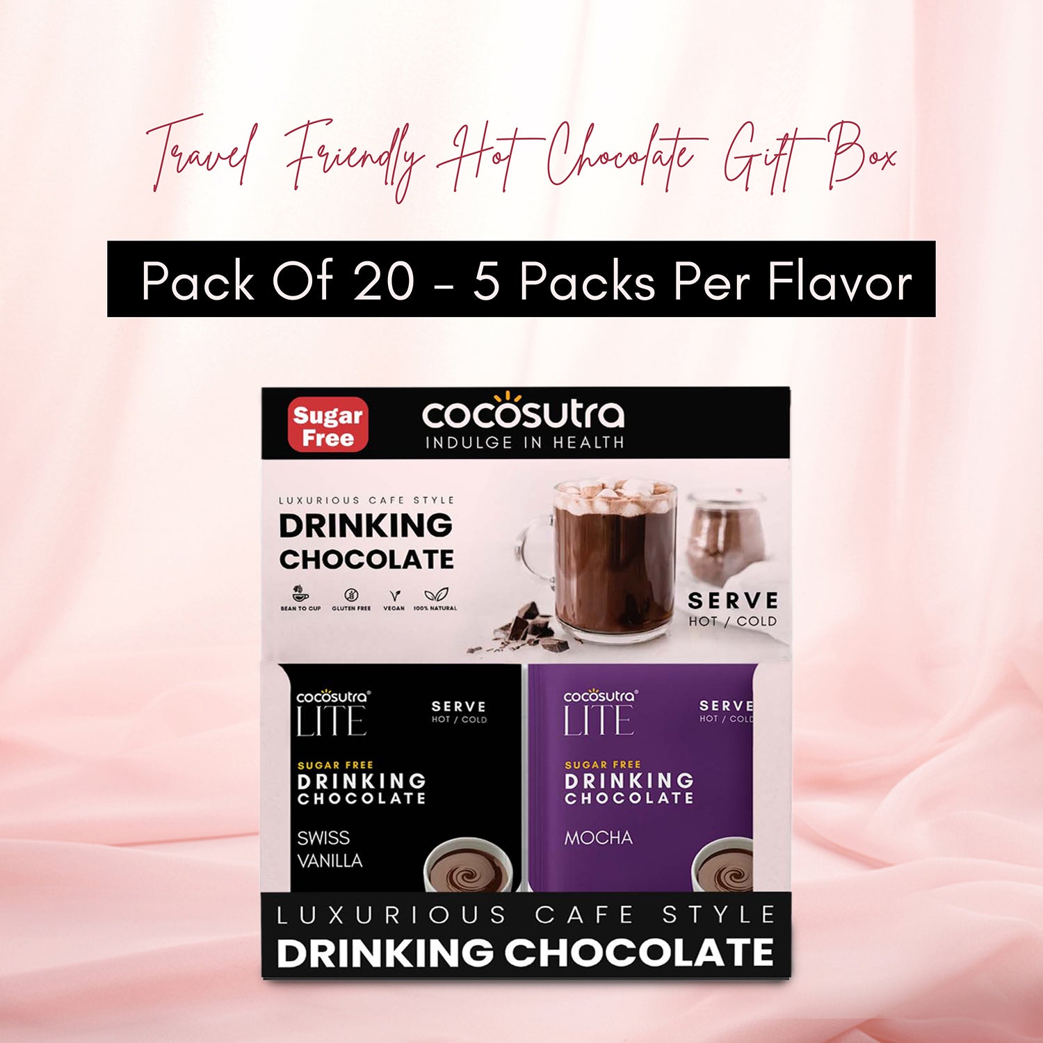 Sugar Free Drinking Chocolate Mix - Swiss Vanilla, Caramel, Mocha, and Hazelnut | 20 Sachets