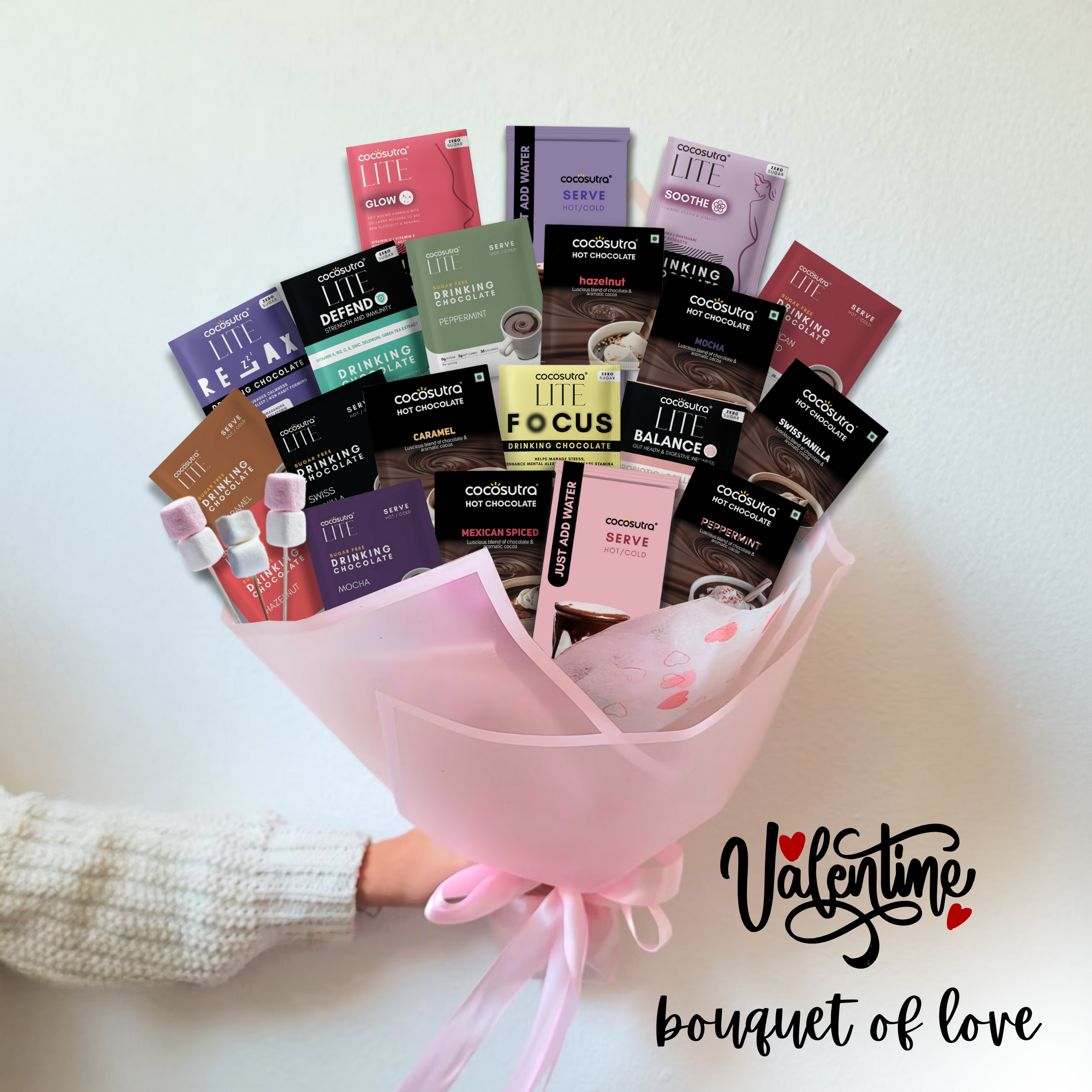 Valentine Special Gift | Bouquet of Love! | Box of 20 drinking chocolate with Marshmallow, Votive Candle & Message Card, 600g