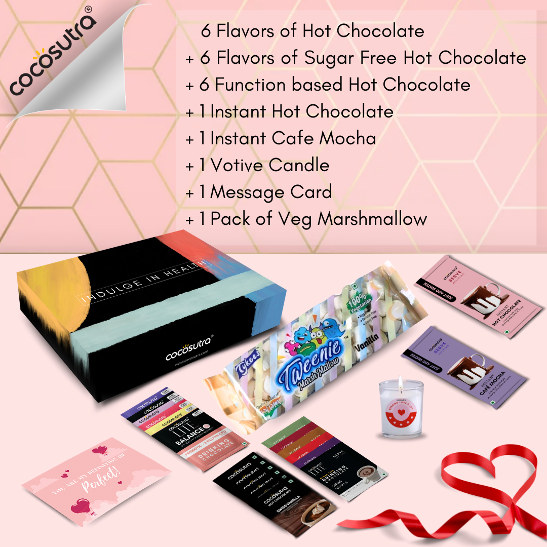 Valentine Special Gift | Bouquet of Love! | Box of 20 drinking chocolate with Marshmallow, Votive Candle & Message Card, 600g
