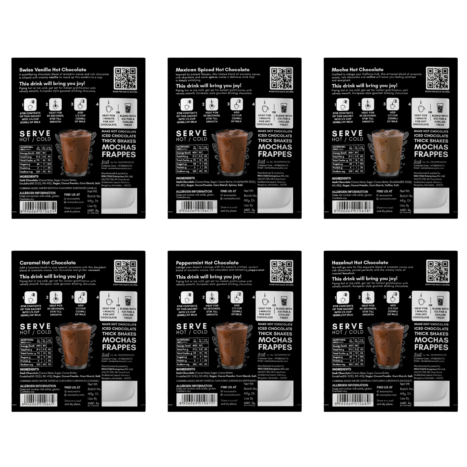 Hot Chocolate Single Serves | 6 Flavours | 6 cups