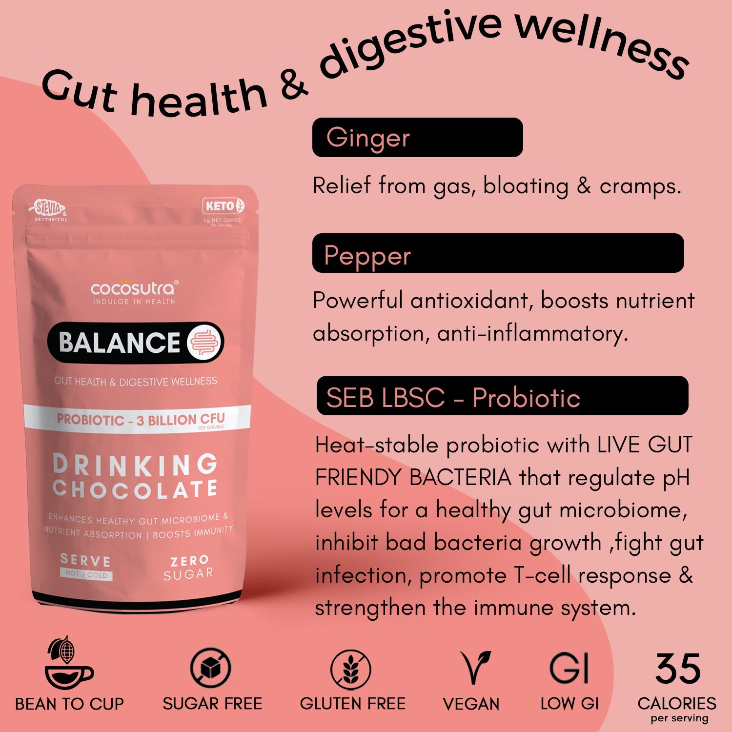 Cocosutra Balance - Sugar Free Drinking Chocolate Mix - Gut Health & Digestive Wellness Probiotic Supplement - Ingredients