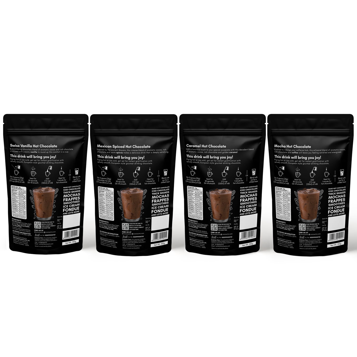 Hot Chocolate Mix Collection | 4 in 1 Pack | Swiss Vanilla, Mexican Spiced, Caramel & Mocha (100 g each)