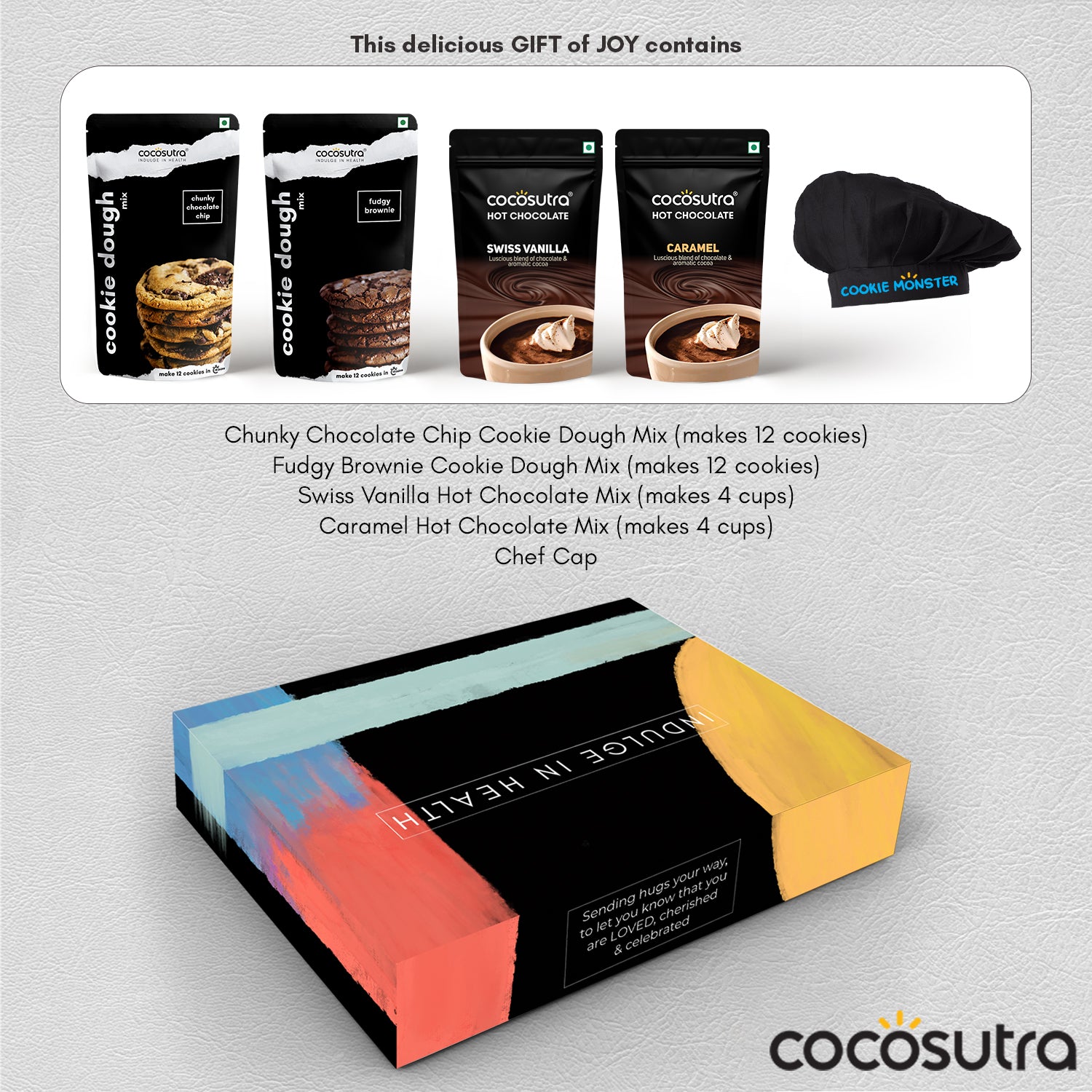Gourmet Treats Gift Hamper | Cookie Mix & Hot Chocolate Mix with Chef Cap & Candy Cane | 640g