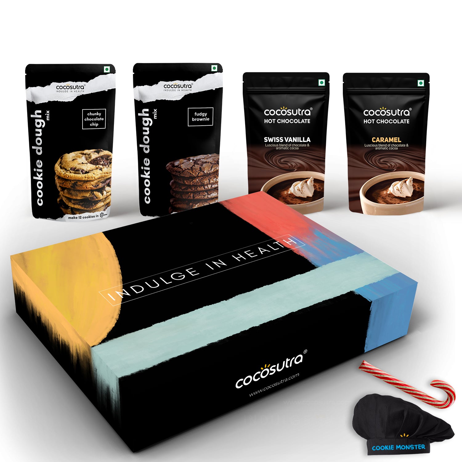 Gourmet Treats Gift Hamper | Cookie Mix & Hot Chocolate Mix with Chef Cap & Candy Cane | 640g
