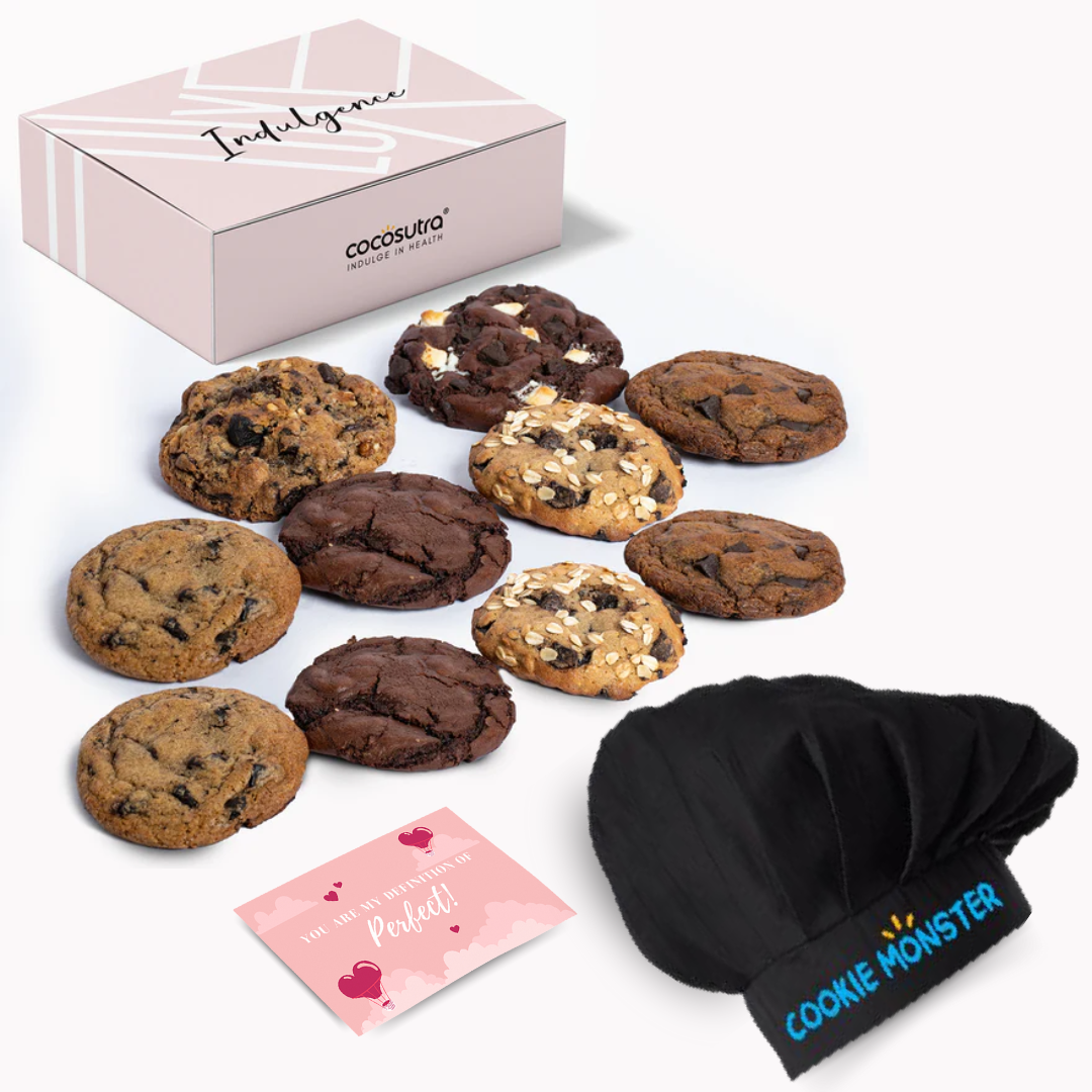 Valentine Cookie Special Box | Spoil the cookie monster! | Box of JOY Hamper with Chef Cap and Greeting Card, 520g