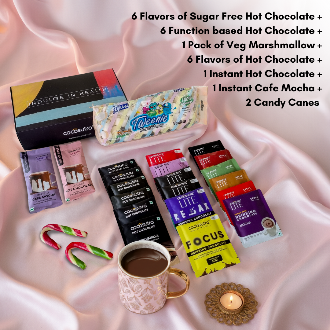 Diwali Delight 20 | ALL in ONE Drinking Chocolate Set | Box of 20 drinking chocolate with Marshmallow & Candy Cane, 600g