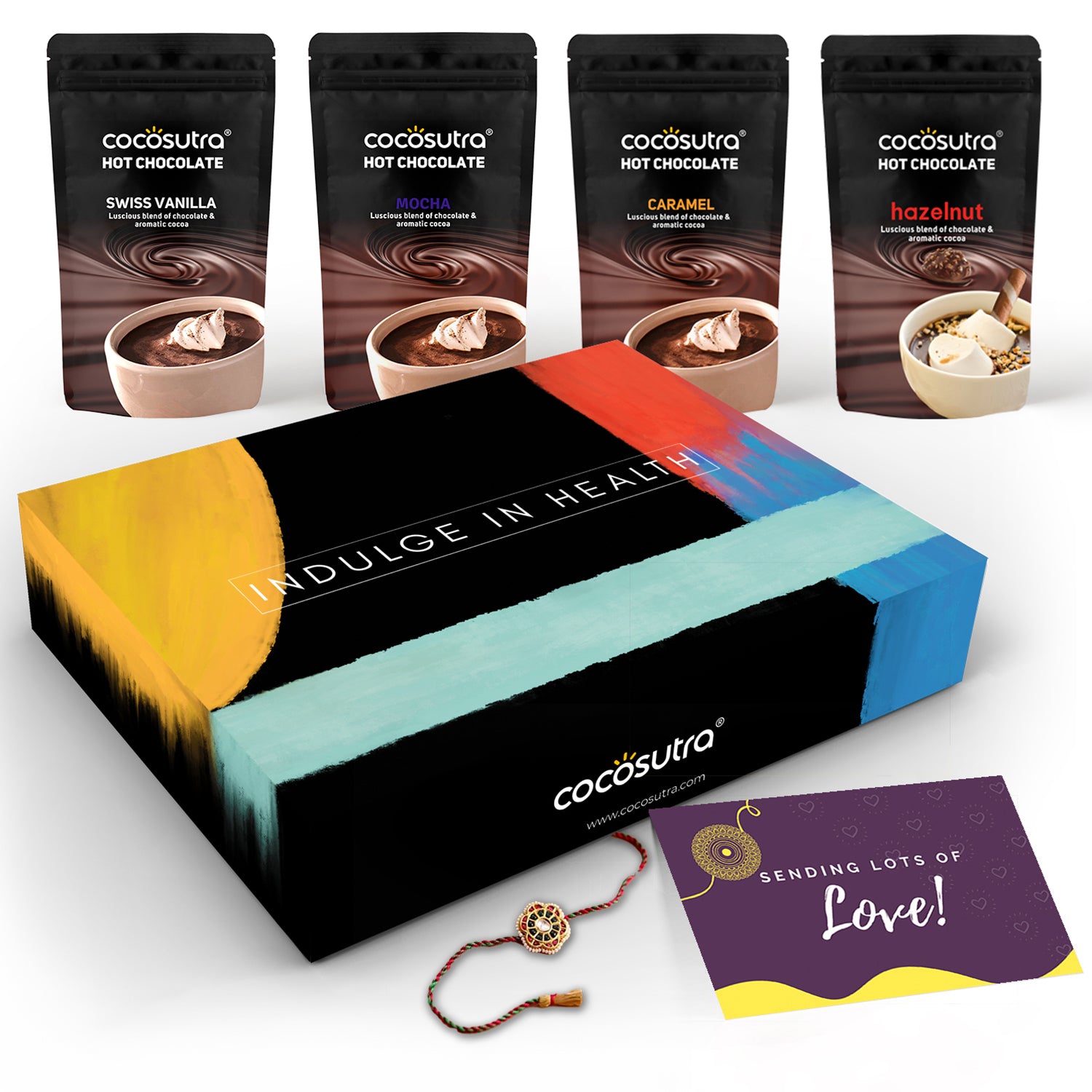 Siblings Hamper, Hot Chocolate Mix Collection (4 in 1 pack | Swiss Vanilla, Mocha, Caramel & Hazelnut 100 g each) with Rakhi & Greeting Card, 400 g